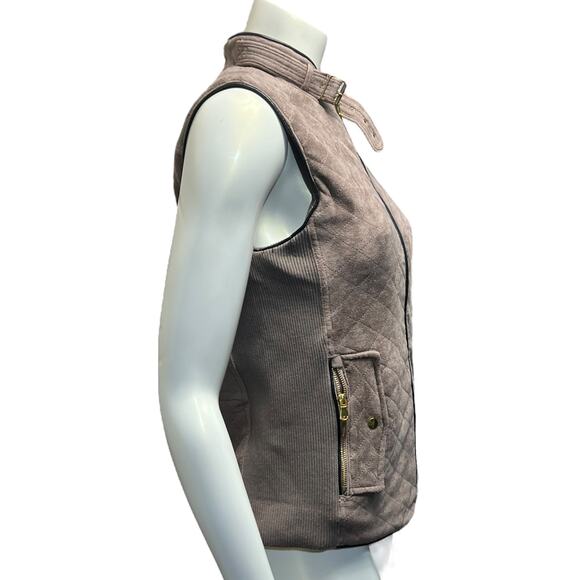 Quilted Vest Taupe Faux Suede Puffer Gold Hardware Ribbed Side Panels Size M - Picture 3 of 9